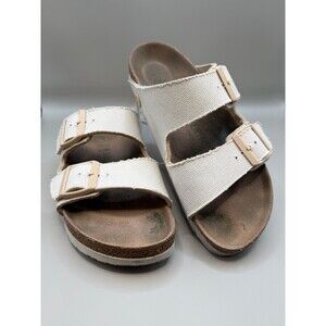 Birkenstock Arizona Womens Vegan Canvas Eggshell Slip On Logo Sandal Sz 37 US 6
